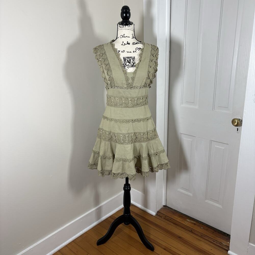 Endless Rose Plunging V-Neck Lace Trim Tiered Mini Dress Sage Green S Boho Fairy - Picture 11 of 13